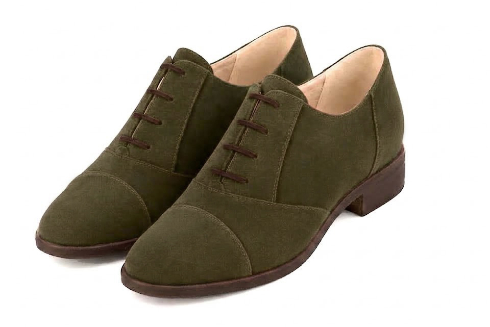 Women's olive green classic oxfords and derby shoes with round toe and chunky rubber lug sole - Front view